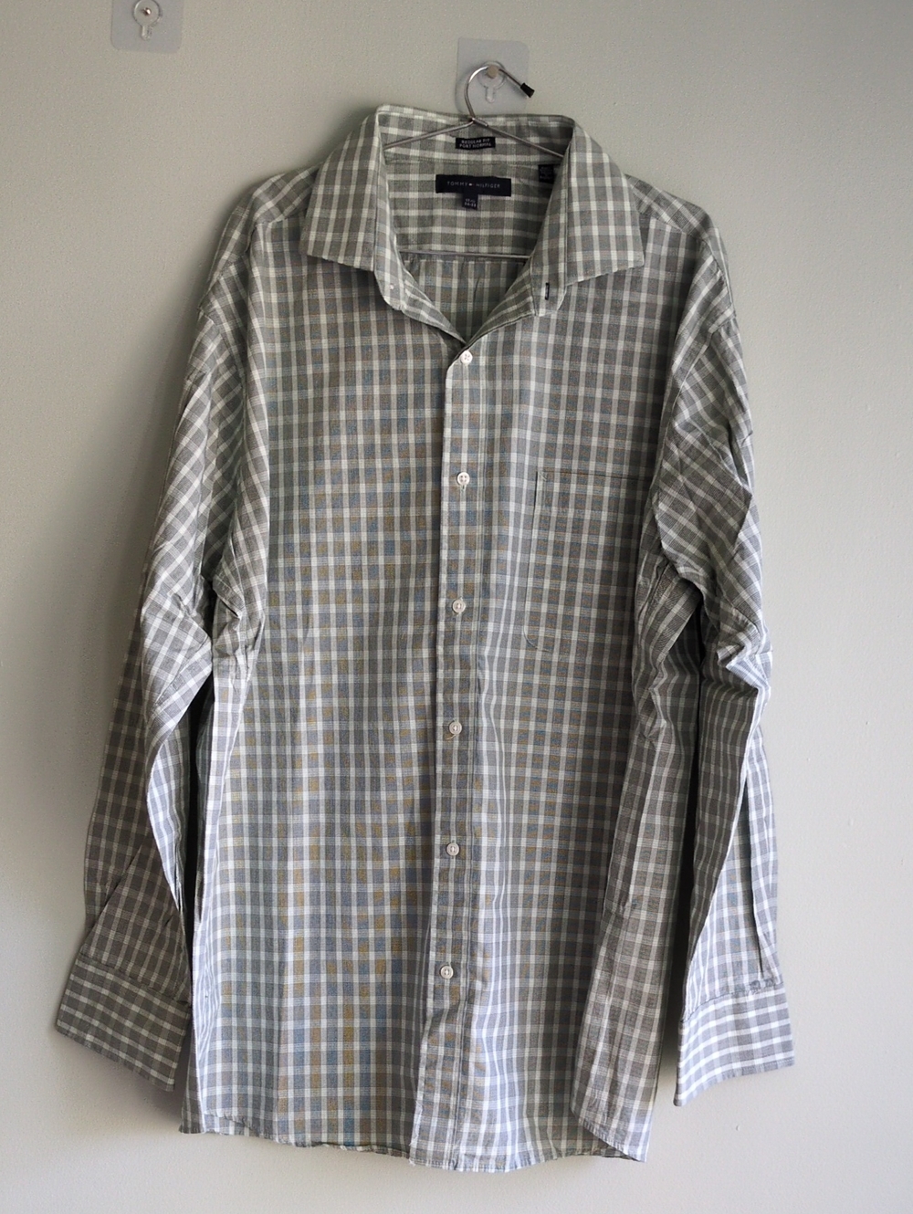 Tommy Hilfiger Light Green and White Checked Dress Shirt